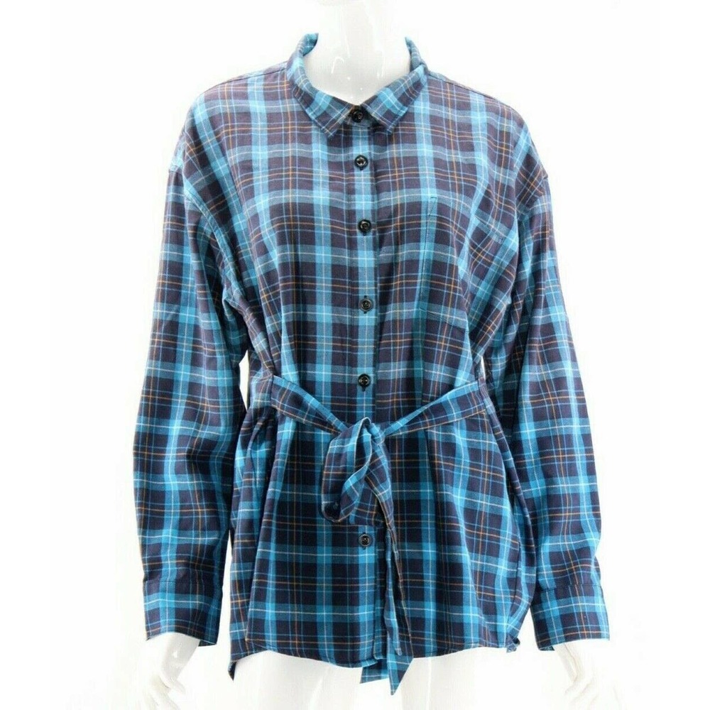 Pam & Gela Blue Plaid Button Tie Waist Top Medium